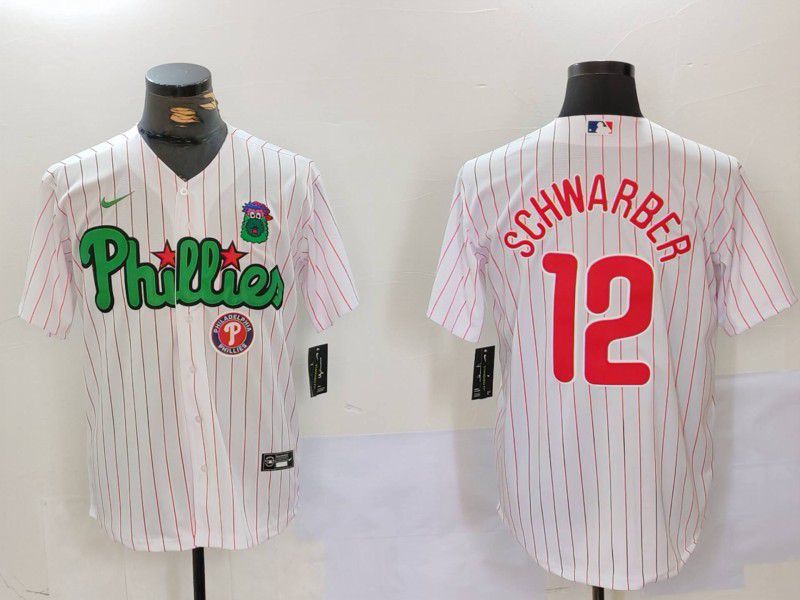 Men Philadelphia Phillies 12 Schwarber White stripe Second generation Joint Name 2024 Nike MLB Jersey style 2